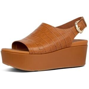 FitFlop Eloise Croc Embossed Leather Wedge Sandals in Light Tan